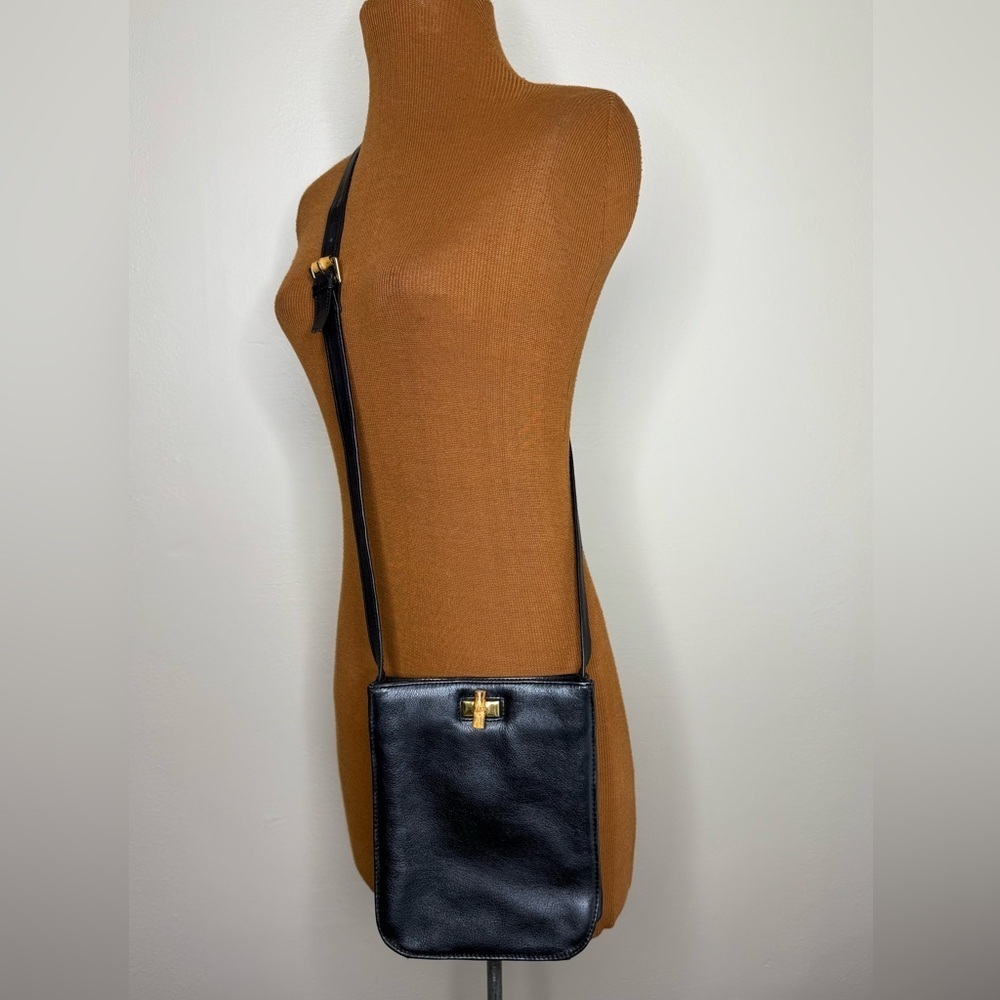 Halston Black Leather Crossbody Bag Gold Bamboo Turn Lock Accent